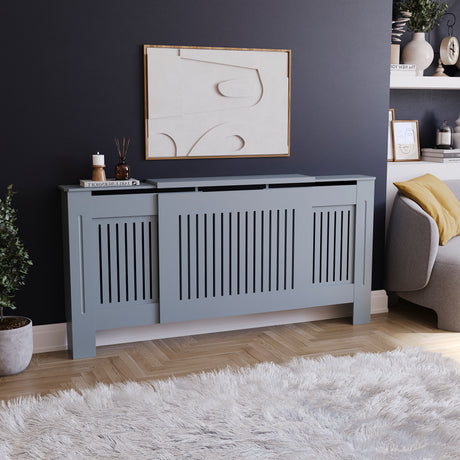 Adjustable Grey Chelsea radiator cover with decorative slatted front.
