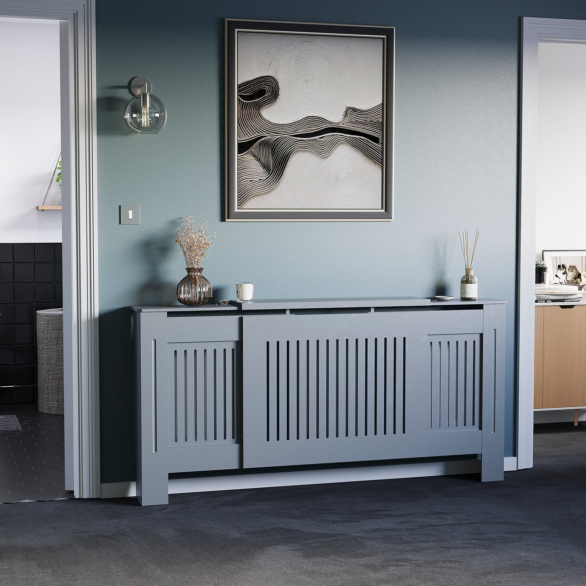 Adjustable Grey Chelsea radiator cover with decorative slatted front.
