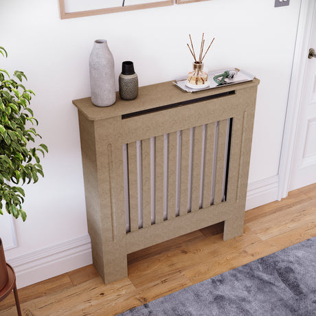Small unfinished Chelsea radiator cover with decorative slatted front, ready to paint
