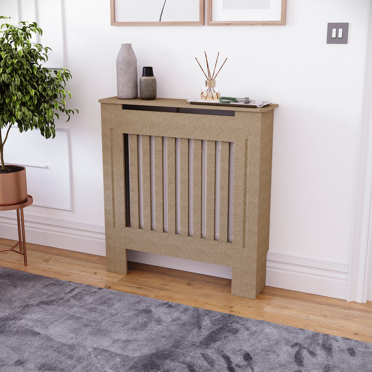 Small unfinished Chelsea radiator cover with decorative slatted front, ready to paint
