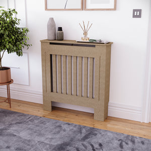 Small unfinished Chelsea radiator cover with decorative slatted front, ready to paint
