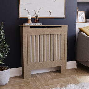 Small unfinished Chelsea radiator cover with decorative slatted front, ready to paint
