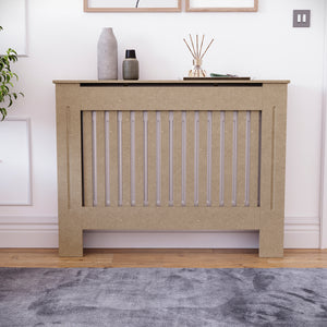 Medium unfinished Chelsea radiator cover with decorative slatted front, ready to paint
