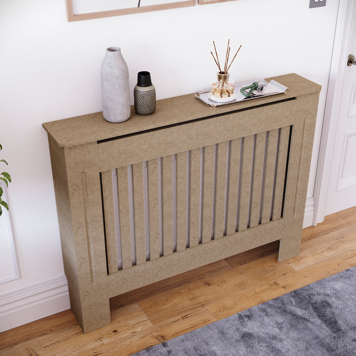 Medium unfinished Chelsea radiator cover with decorative slatted front, ready to paint
