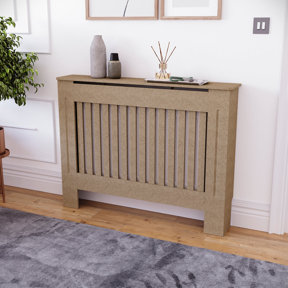 Medium unfinished Chelsea radiator cover with decorative slatted front, ready to paint
