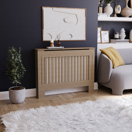 Medium unfinished Chelsea radiator cover with decorative slatted front, ready to paint
