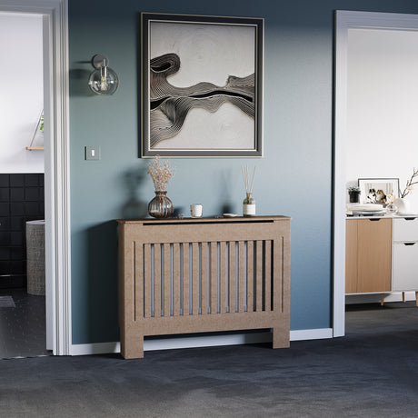 Medium unfinished Chelsea radiator cover with decorative slatted front, ready to paint
