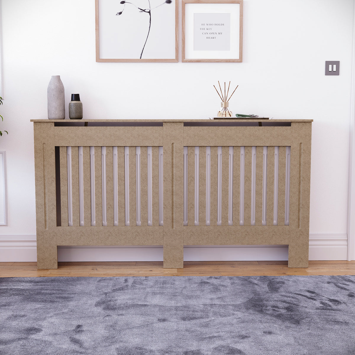 Large unfinished Chelsea radiator cover with decorative slatted front, ready to paint
