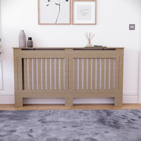 Large unfinished Chelsea radiator cover with decorative slatted front, ready to paint
