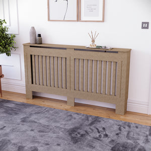 Large unfinished Chelsea radiator cover with decorative slatted front, ready to paint
