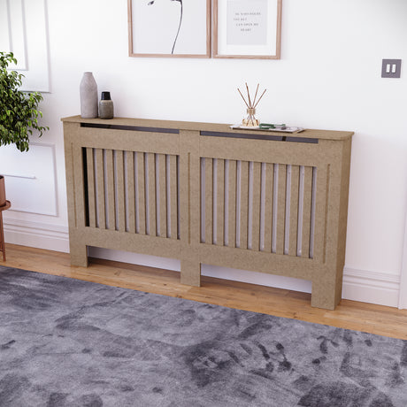 Large unfinished Chelsea radiator cover with decorative slatted front, ready to paint
