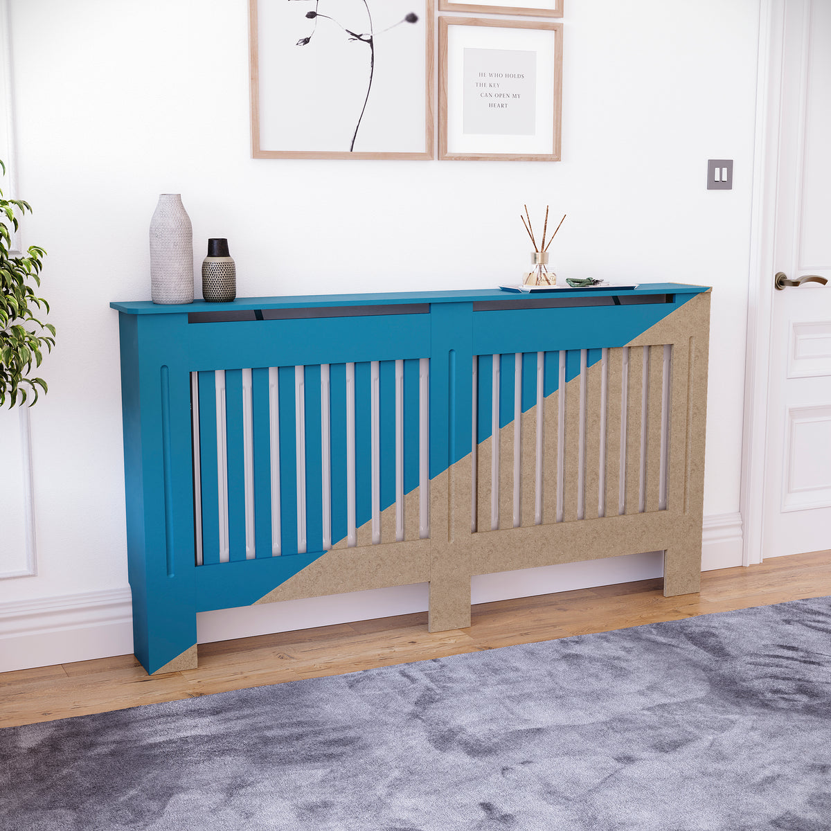 Large unfinished Chelsea radiator cover with decorative slatted front, ready to paint
