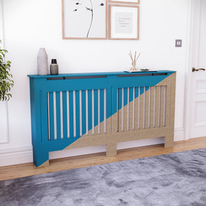 Large unfinished Chelsea radiator cover with decorative slatted front, ready to paint

