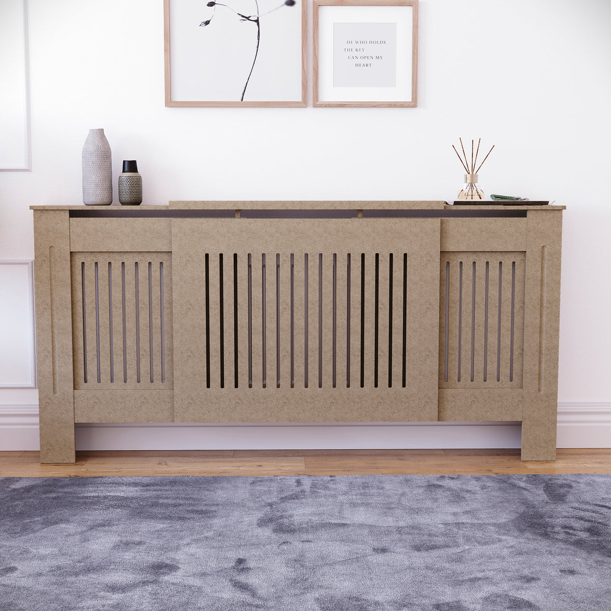 Adjustable unfinished Chelsea radiator cover with decorative slatted front, ready to paint
