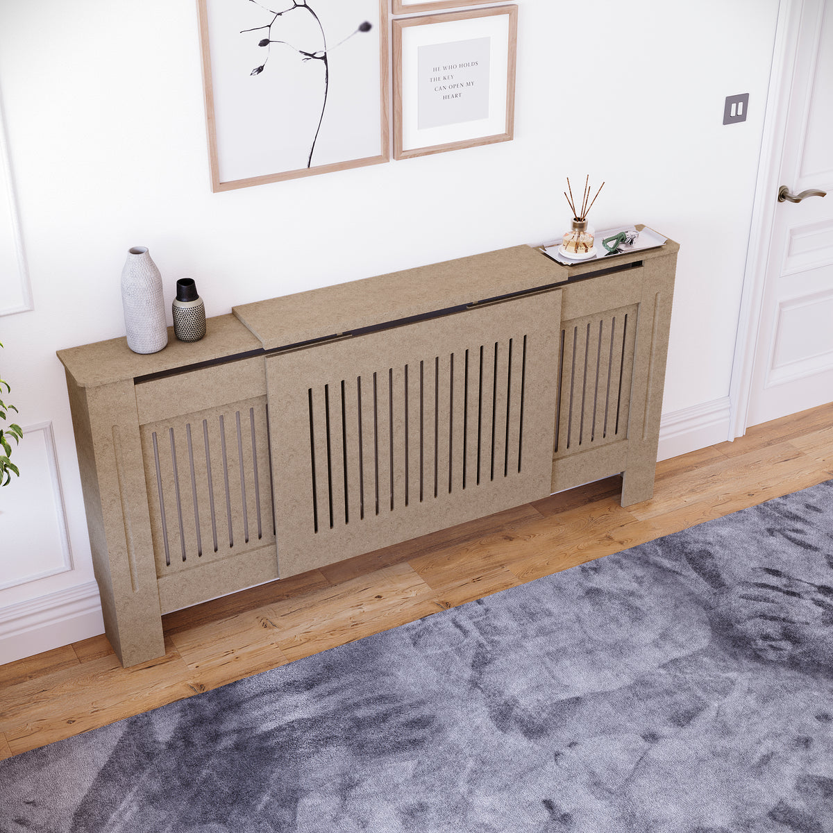 Adjustable unfinished Chelsea radiator cover with decorative slatted front, ready to paint

