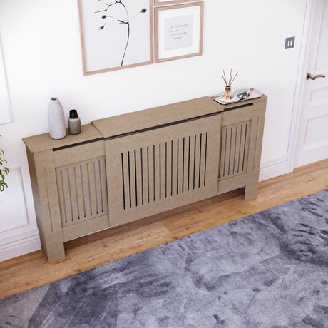 Adjustable unfinished Chelsea radiator cover with decorative slatted front, ready to paint
