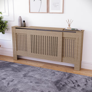 Adjustable unfinished Chelsea radiator cover with decorative slatted front, ready to paint
