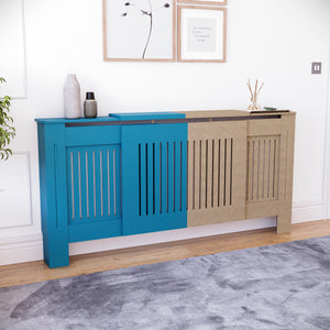 Adjustable unfinished Chelsea radiator cover with decorative slatted front, ready to paint
