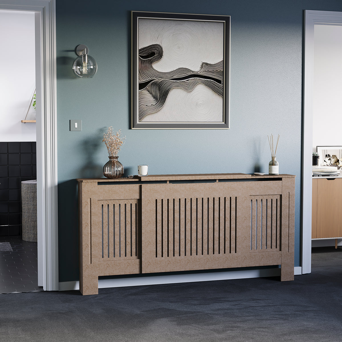 Adjustable unfinished Chelsea radiator cover with decorative slatted front, ready to paint
