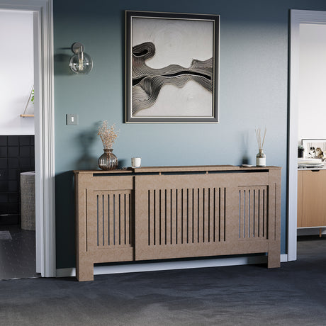 Adjustable unfinished Chelsea radiator cover with decorative slatted front, ready to paint
