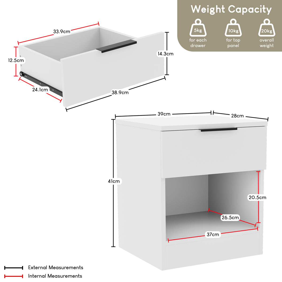 Trega 1 Drawer Bedside Chest, White - Set of 2
