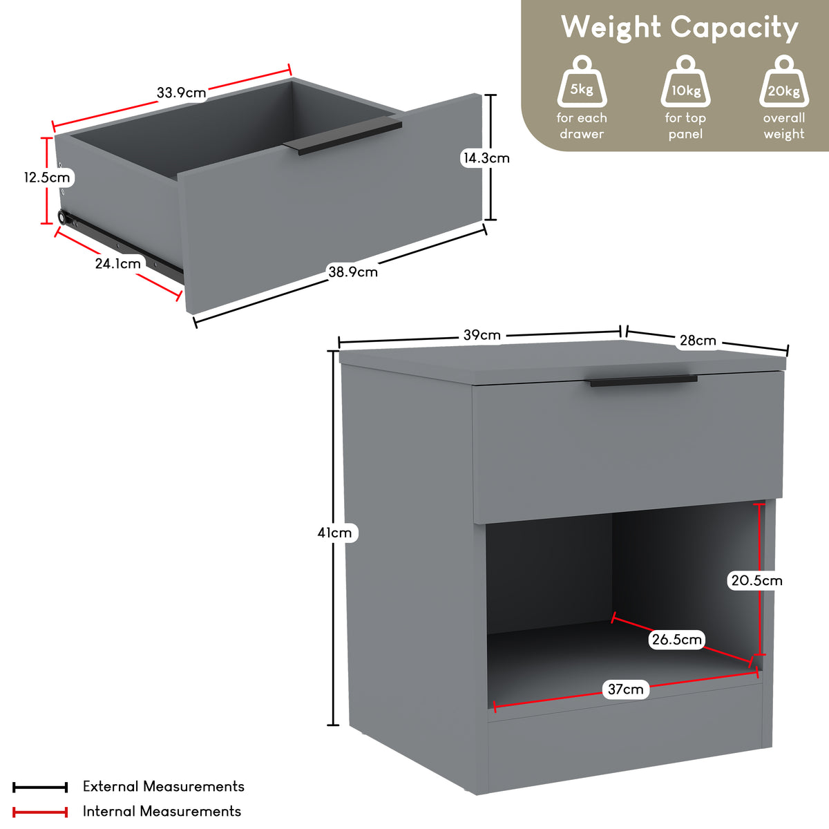 Trega 1 Drawer Bedside Chest, Grey - Set of 2