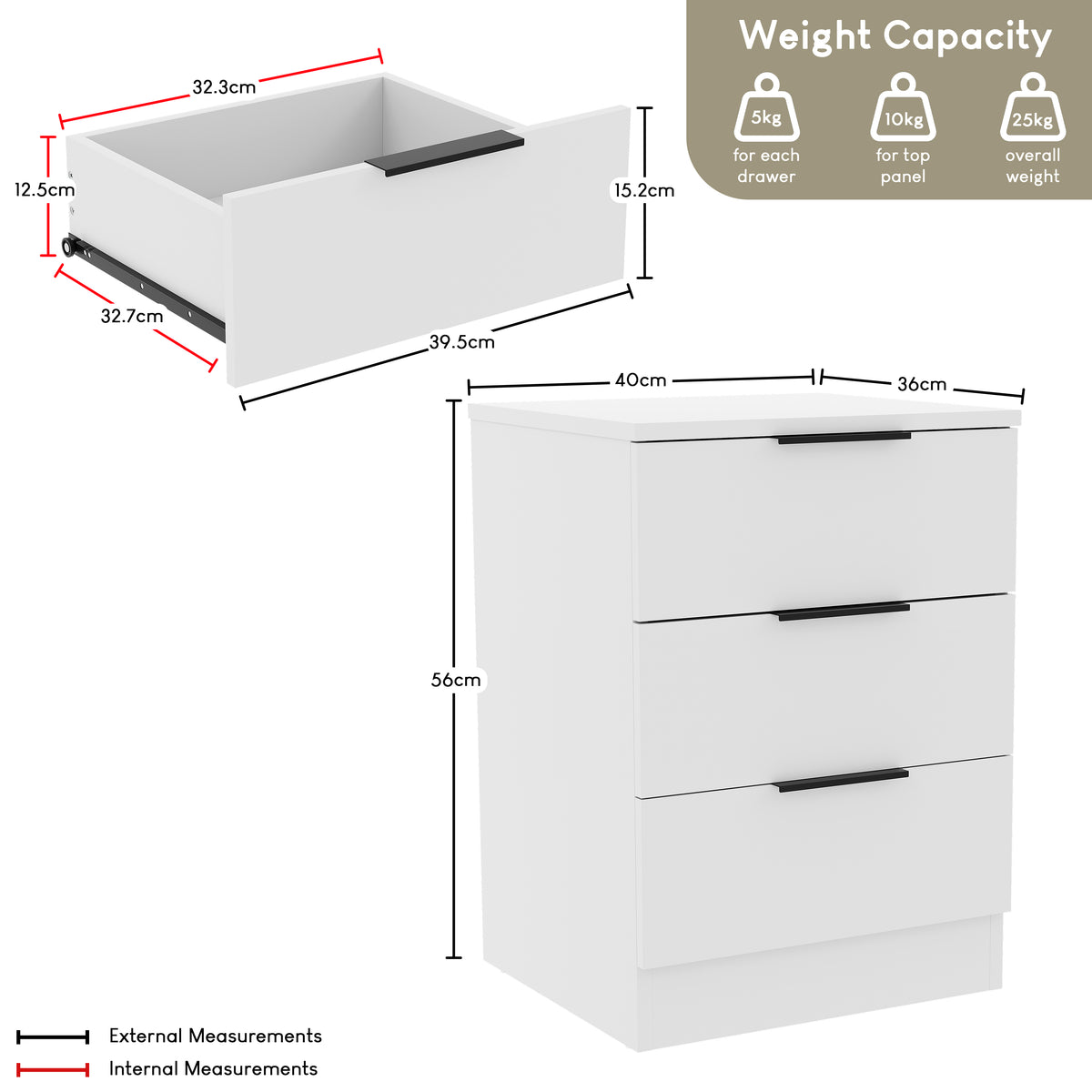 Trega 3 Drawer Bedside Chest, White - Set of 2