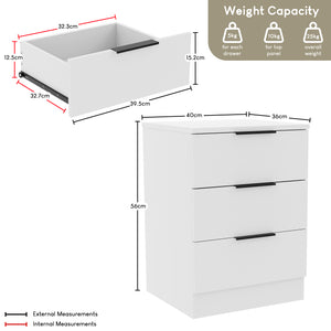 Trega 3 Drawer Bedside Chest, White - Set of 2