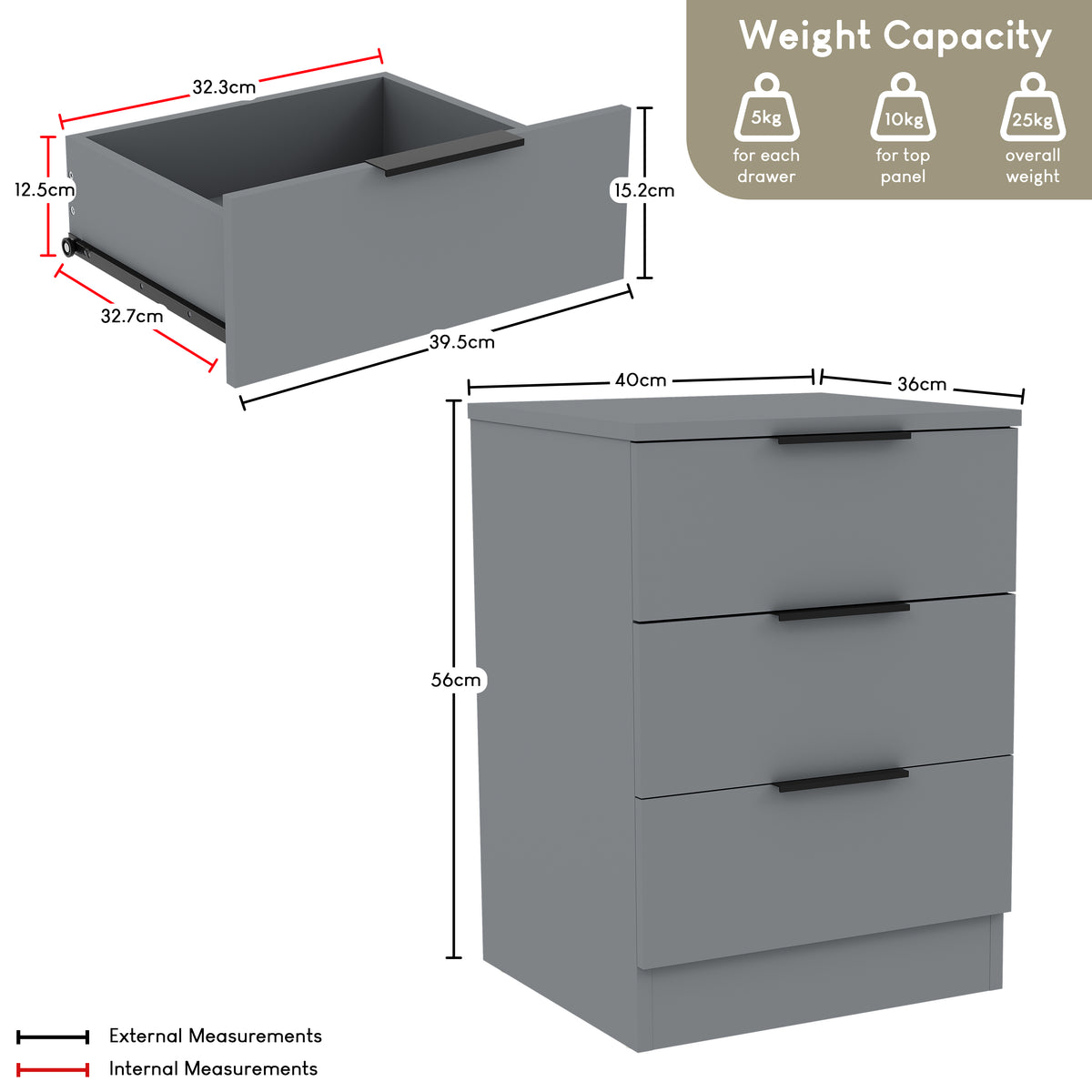 Trega 3 Drawer Bedside Chest, Grey - Set of 2