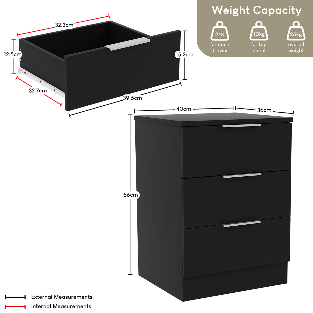 Trega 3 Drawer Bedside Chest, Black - Set of 2