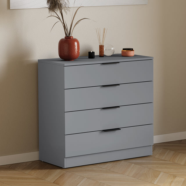 Trega 4 Drawer Chest of Drawer in Grey with compact bedroom storage

