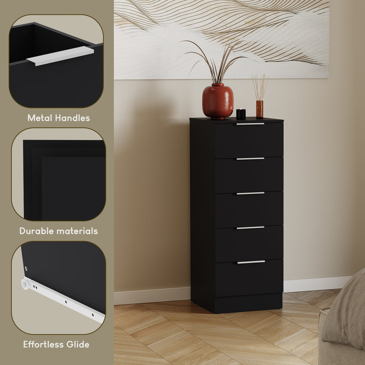 Trega 5 Drawer Narrow Chest, Black