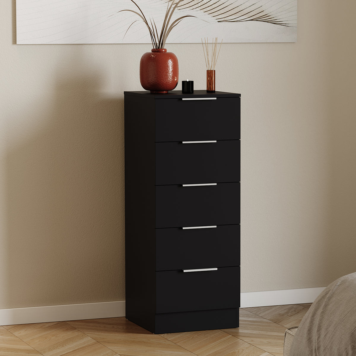 Trega 5 Drawer Narrow Chest, Black