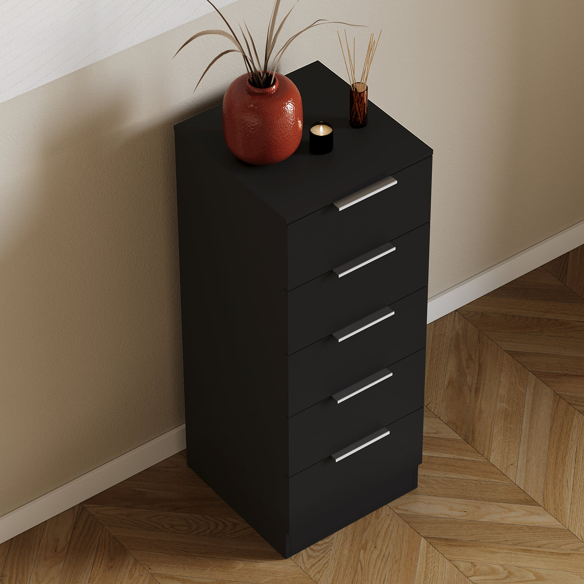 Trega 5 Drawer Narrow Chest, Black
