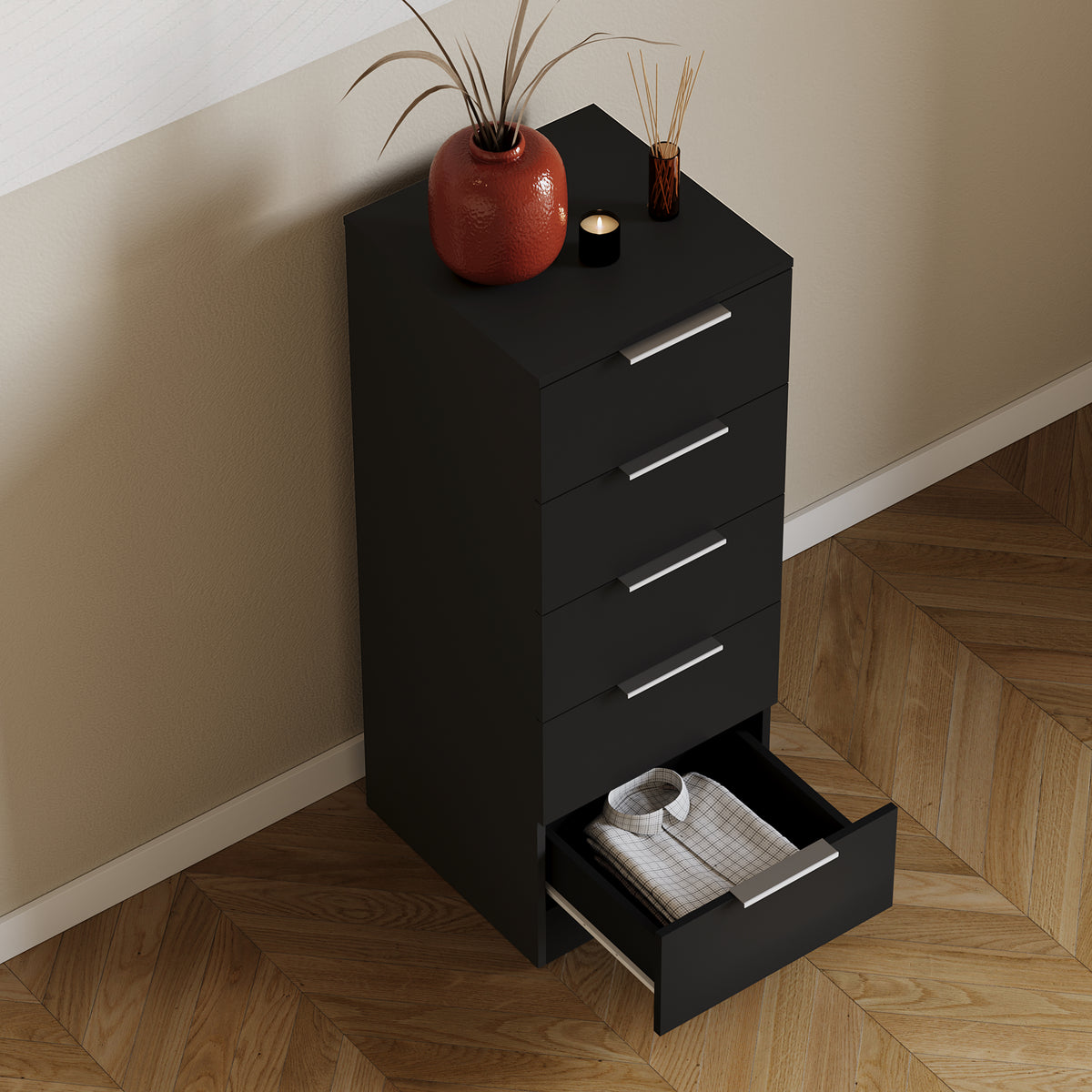 Trega 5 Drawer Narrow Chest, Black