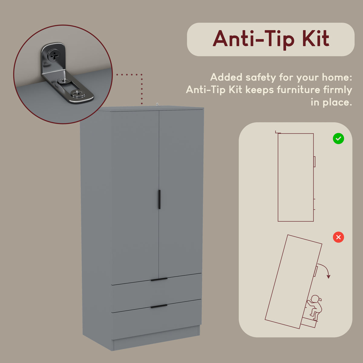 Trega 2 Door 2 Drawer Wardrobe, Grey