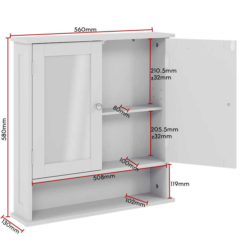 Priano 2-Door Mirrored Wall Cabinet With Shelf - White