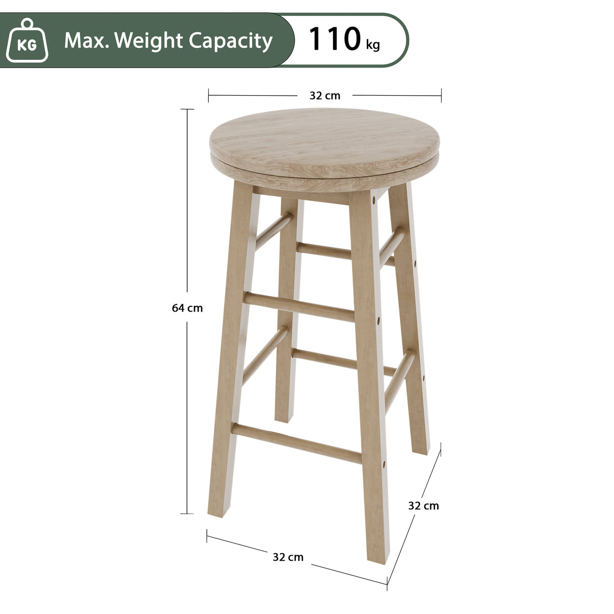 Wooden Revolving Bar Stool, Pine, Set Of 2
