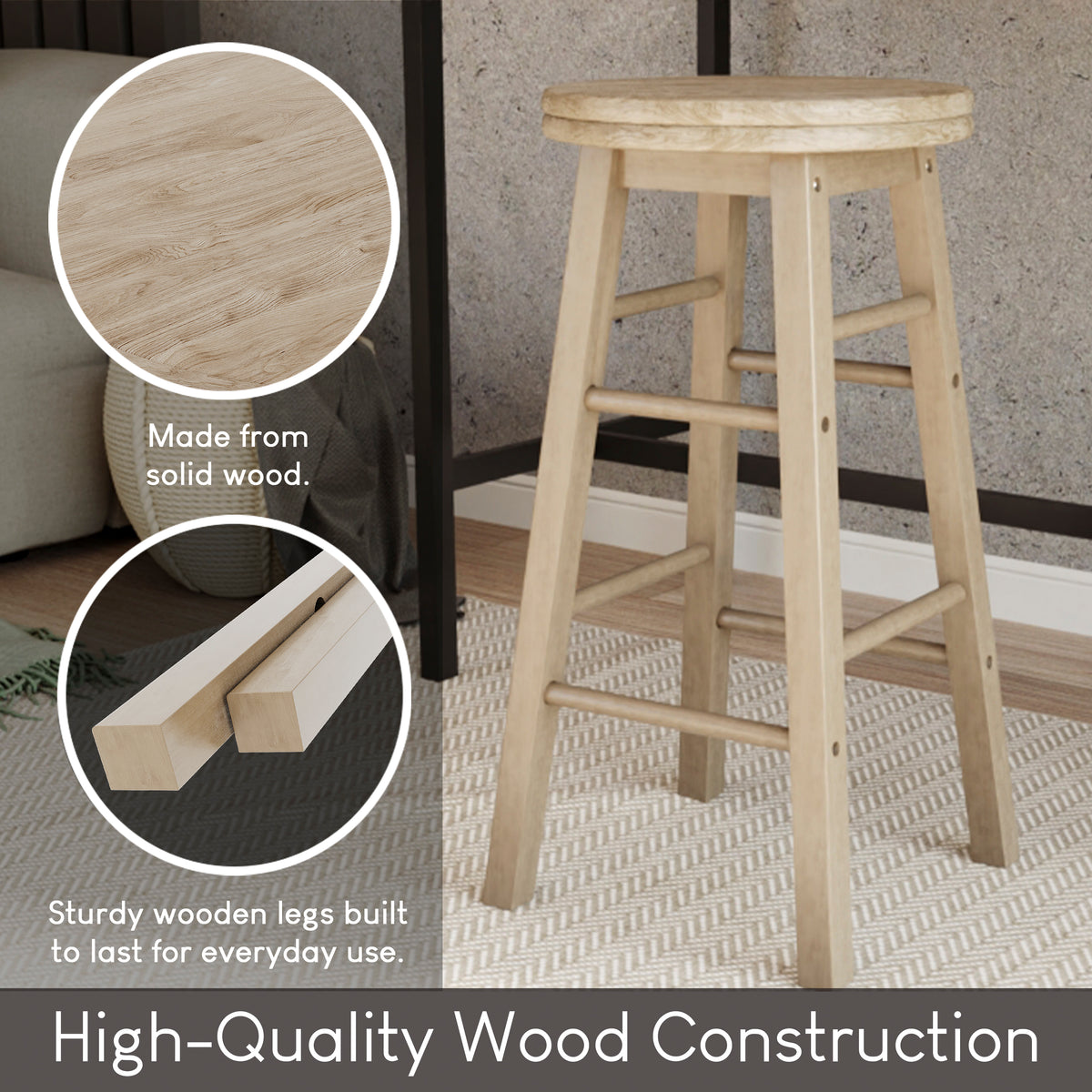 Wooden Revolving Bar Stool, Pine, Set Of 2