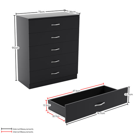 Riano 5 Drawer Chest Black Bedroom Storage Unit
