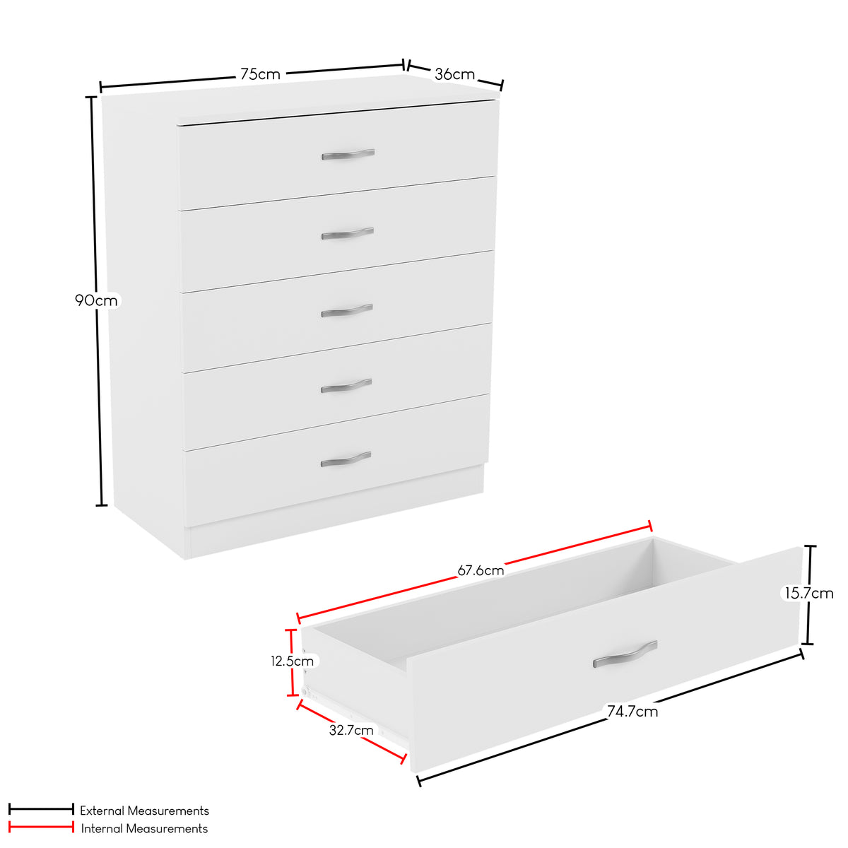 Riano 5 Drawer Chest White Bedroom Storage Unit
