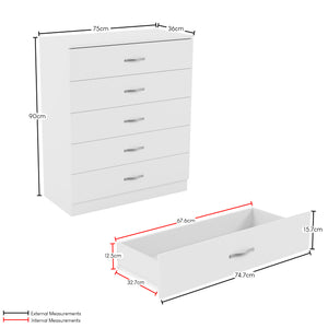 Riano 5 Drawer Chest White Bedroom Storage Unit
