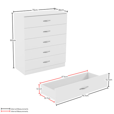 Riano 5 Drawer Chest White Bedroom Storage Unit
