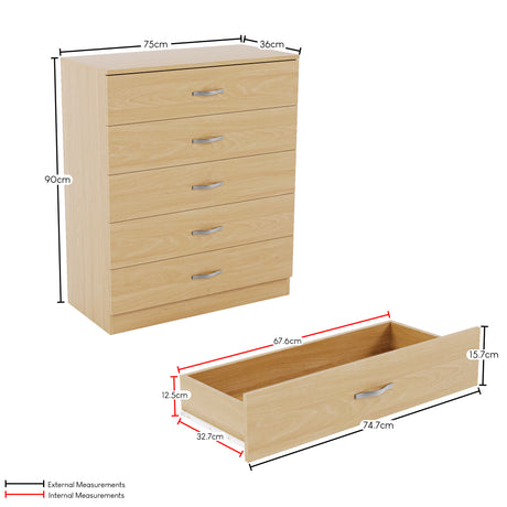 Riano 5 Drawer Chest Pine Bedroom Storage Unit
