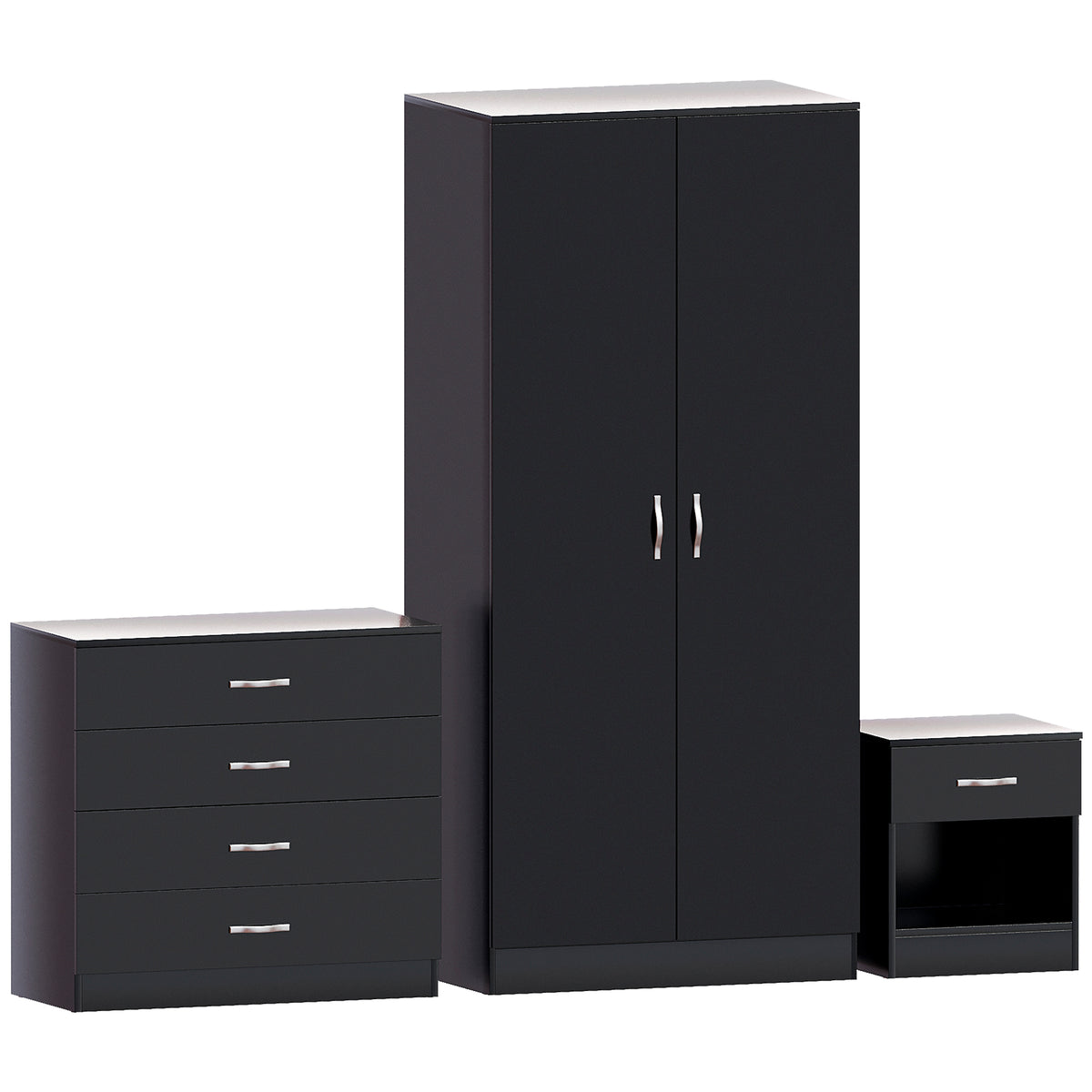 Riano Black Bedroom Furniture Set with 1 Drawer Bedside, 4 Drawer Chest and 2 Door Wardrobe
