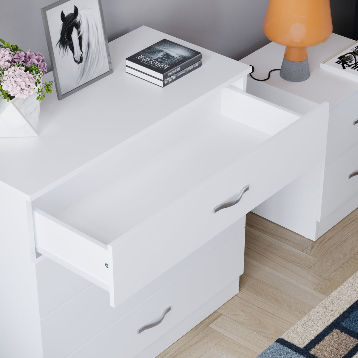 Riano White Bedroom Furniture Set with 1 Drawer Bedside, 4 Drawer Chest and 2 Door Wardrobe
