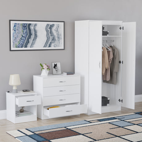 Riano White Bedroom Furniture Set with 1 Drawer Bedside, 4 Drawer Chest and 2 Door Wardrobe
