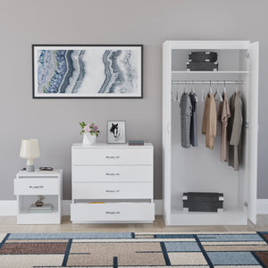 Riano White Bedroom Furniture Set with 1 Drawer Bedside, 4 Drawer Chest and 2 Door Wardrobe
