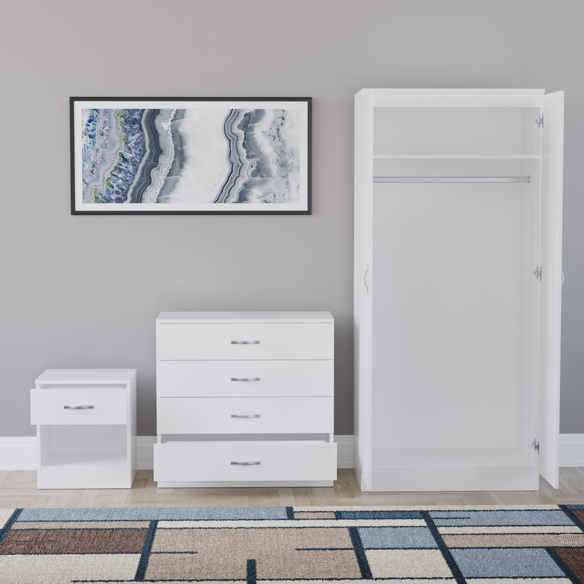 Riano White Bedroom Furniture Set with 1 Drawer Bedside, 4 Drawer Chest and 2 Door Wardrobe
