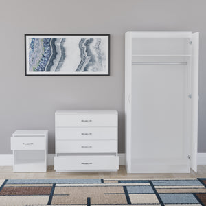 Riano White Bedroom Furniture Set with 1 Drawer Bedside, 4 Drawer Chest and 2 Door Wardrobe
